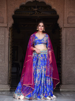 Blue printed mirror work lehenga with Blouse and Dupatta
