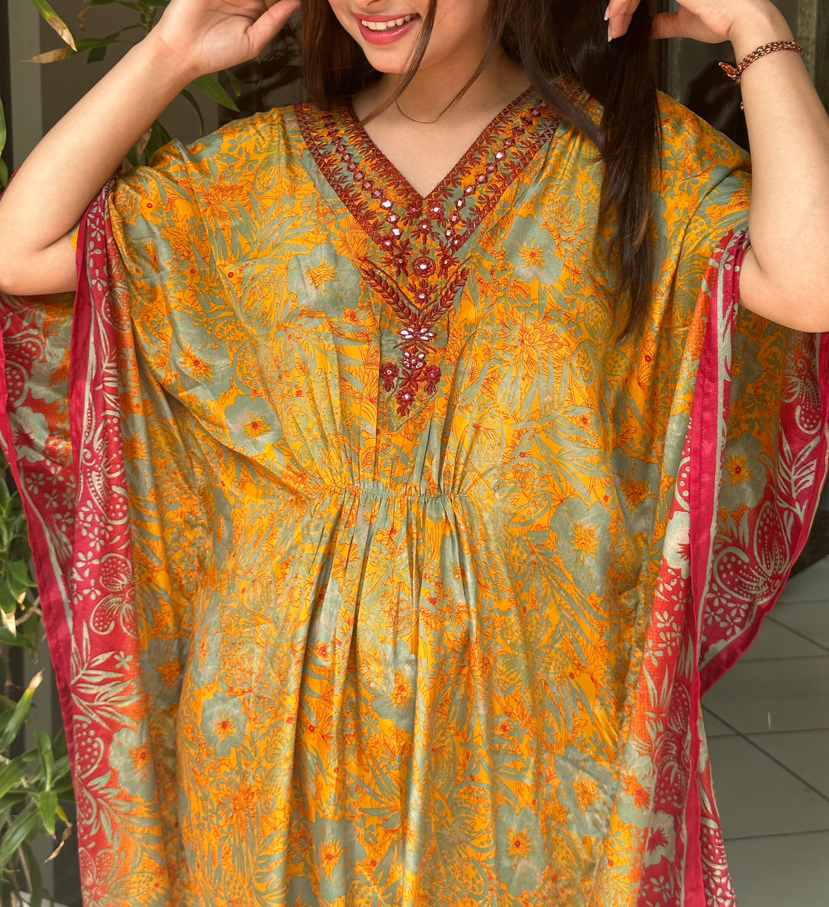 Yellow Floral Embroidered Kaftan Set