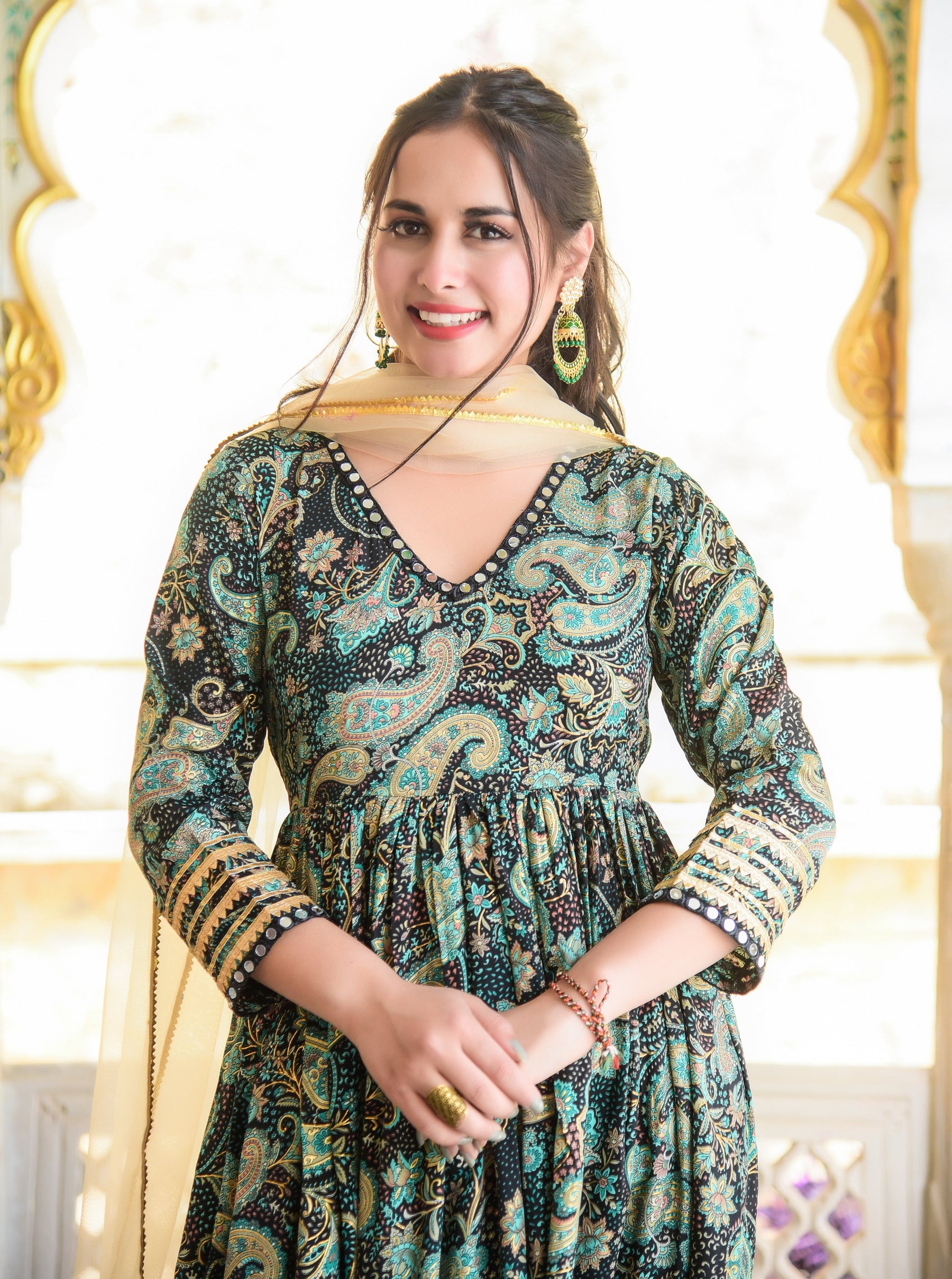 Black Paisley Mirror Work Anarkali Kurta Set