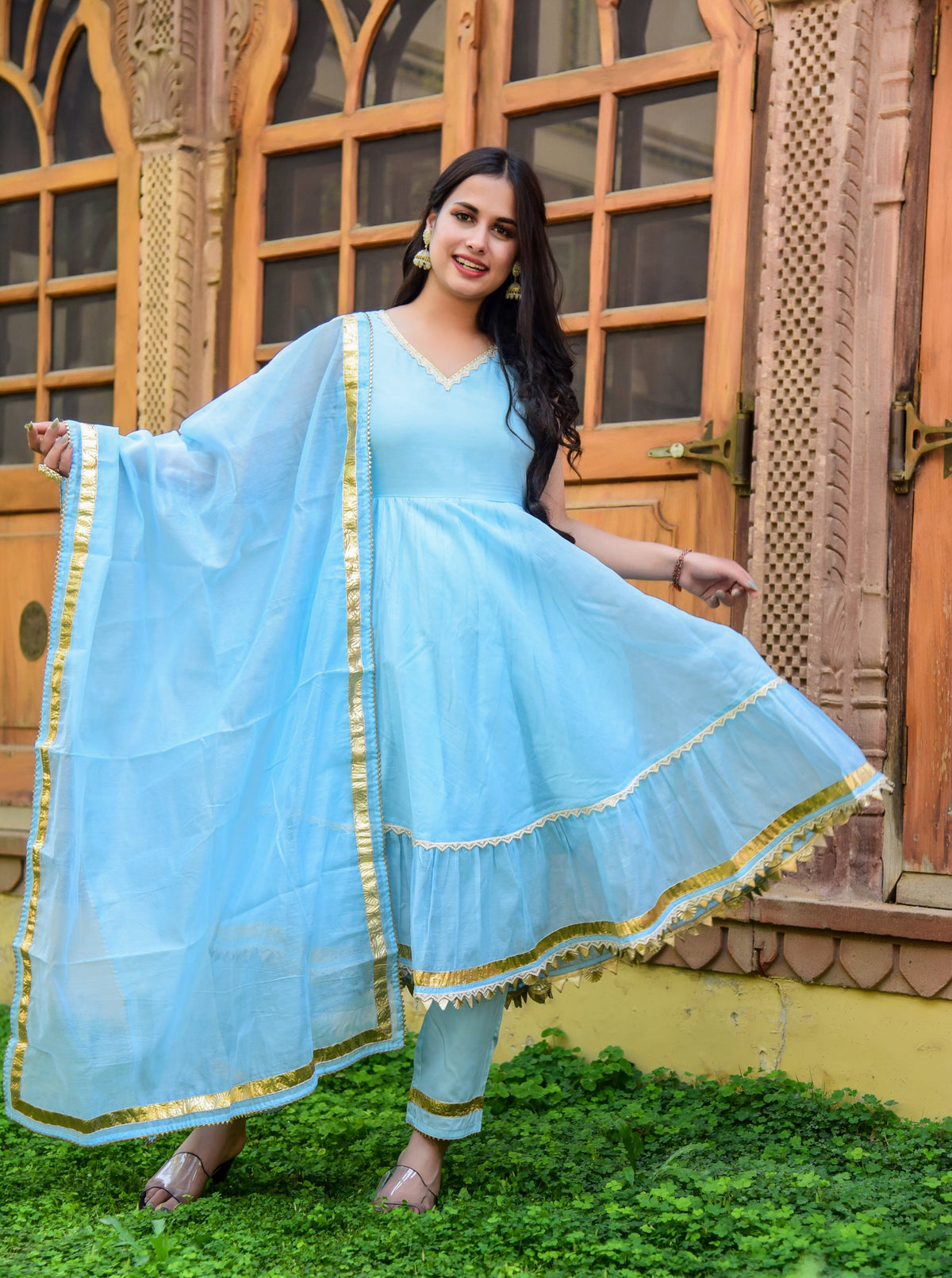 Blue Chanderi Anarkali Kurta Set