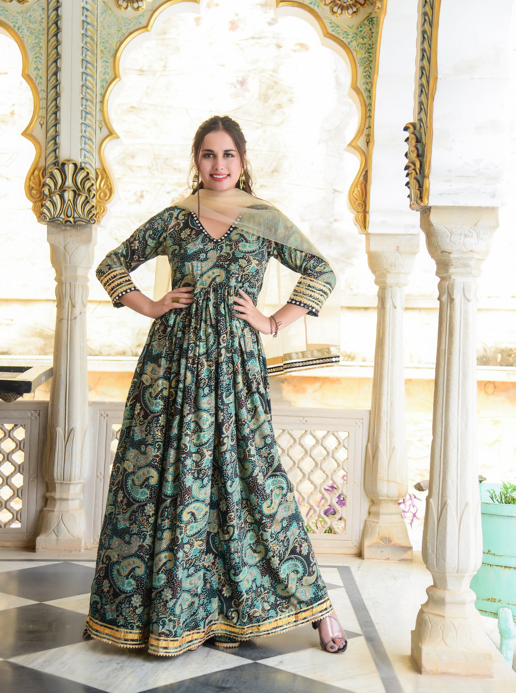 Black Paisley Mirror Work Anarkali Kurta Set