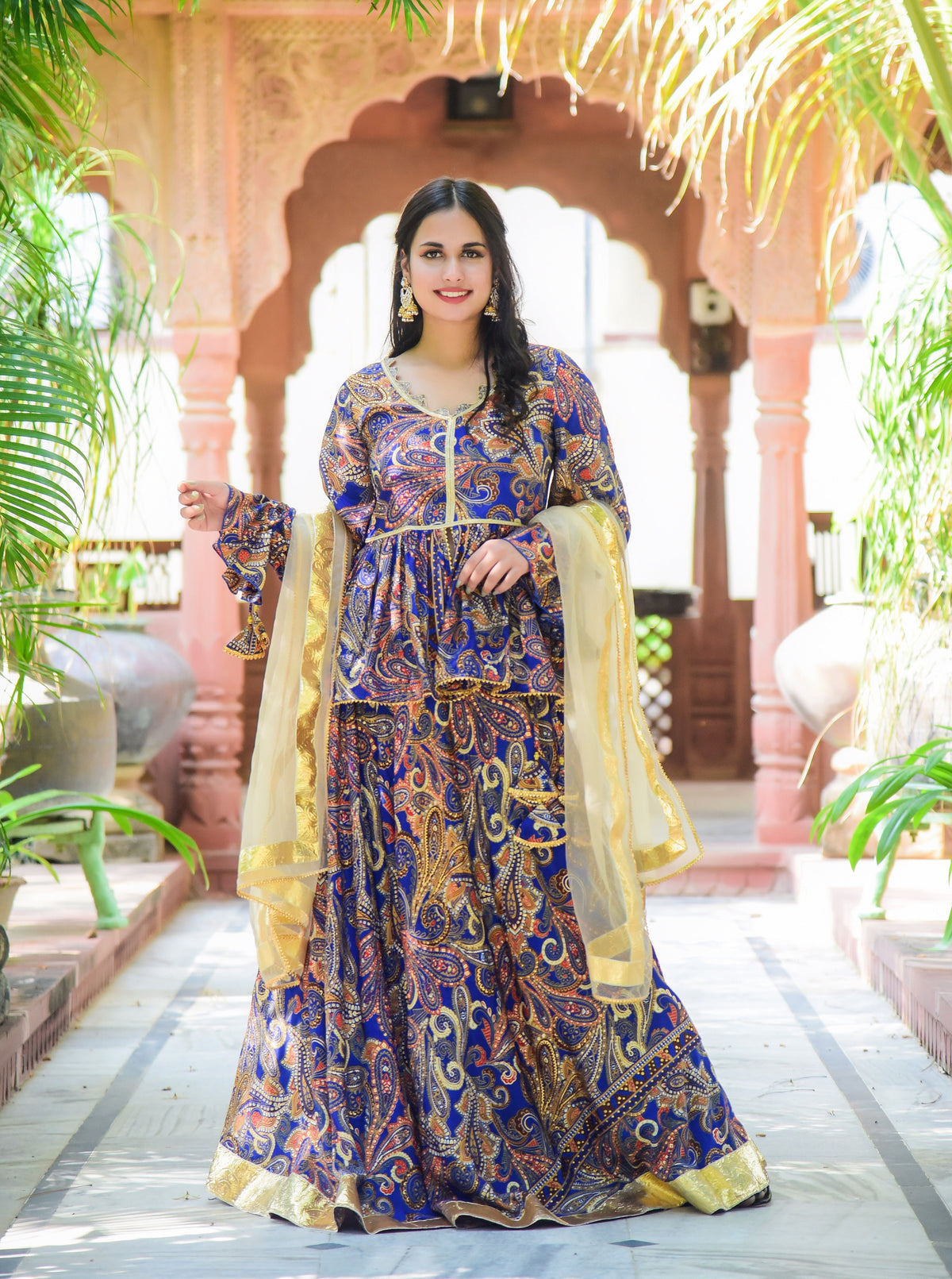 Blue Printed Peplum Lehenga Set