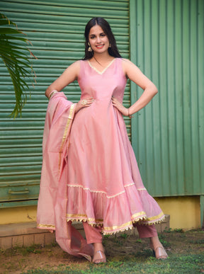 Pink Chanderi Cut Sleeves Anarkali Kurta Set
