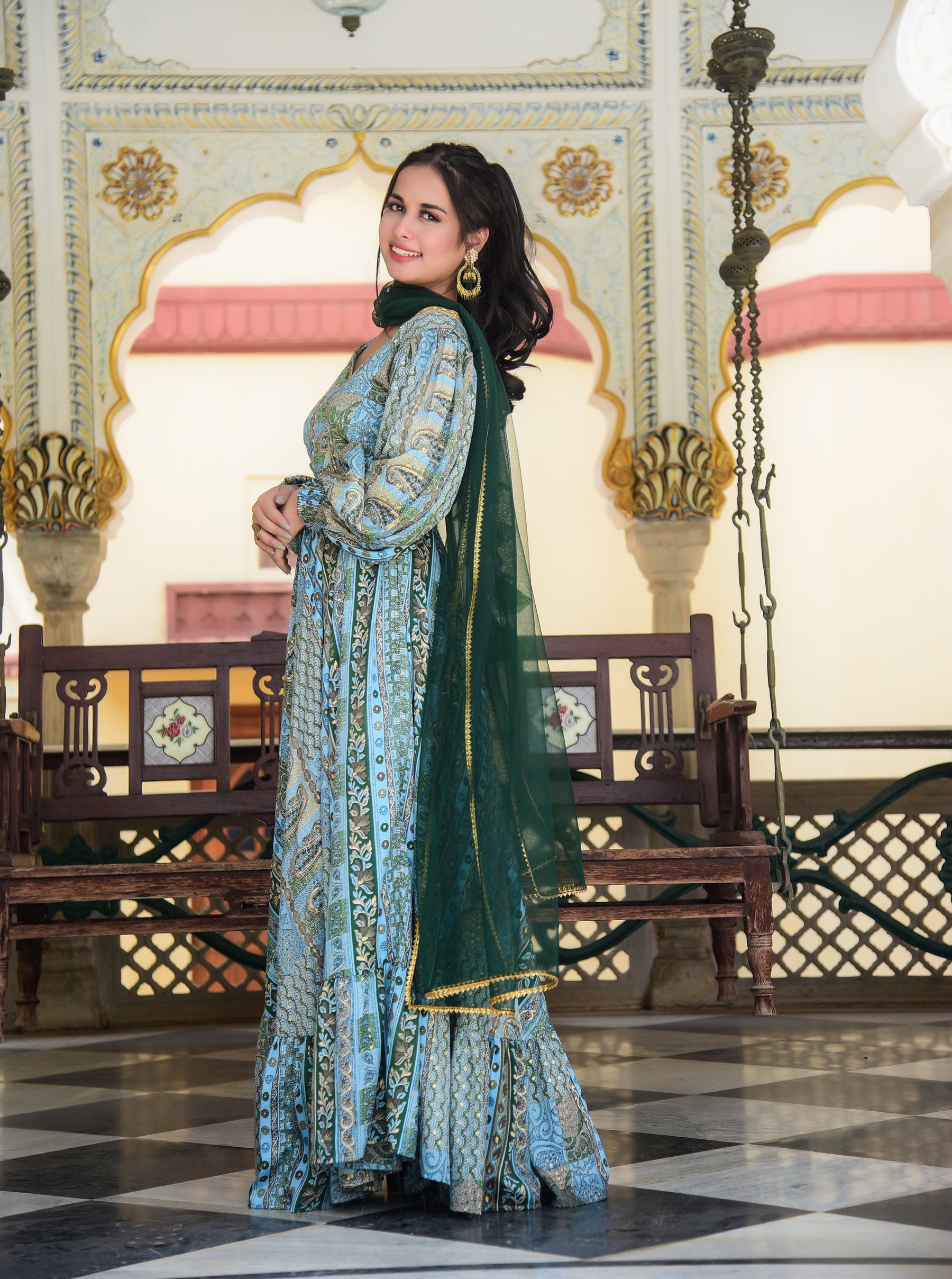 Deep V Back Green Blue Anarkali Kurta