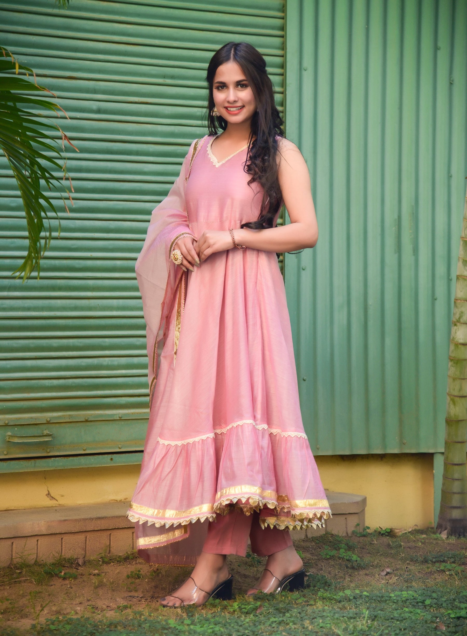 Pink Chanderi Cut Sleeves Anarkali Kurta Set